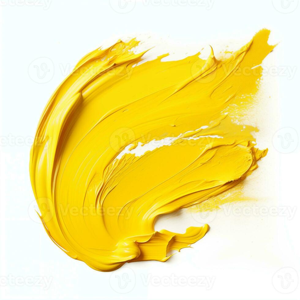 A smear of yellow acrylic paint. A brush stroke of paint on a white background. AI Generative photo