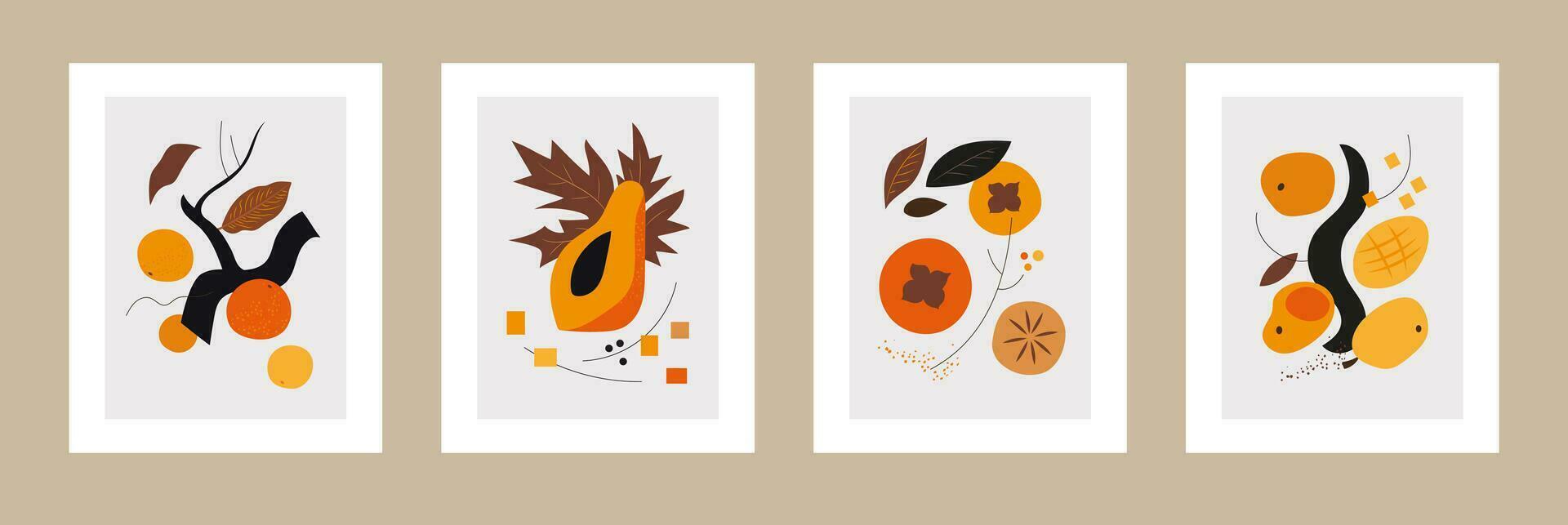Four framed abstract colorful beige orange cosy tropical fruits vector poster set