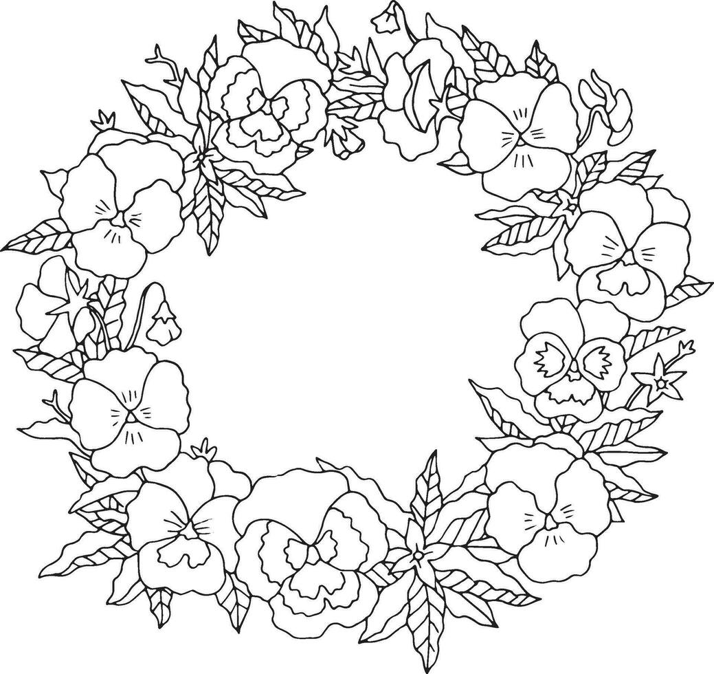 Summer floral elegant romantic old fashioned wreath contour coloring page vector