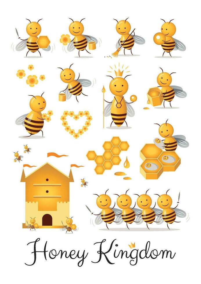 Set of cute cartoon bee hive castes characters collection honey kingdom clipart vector