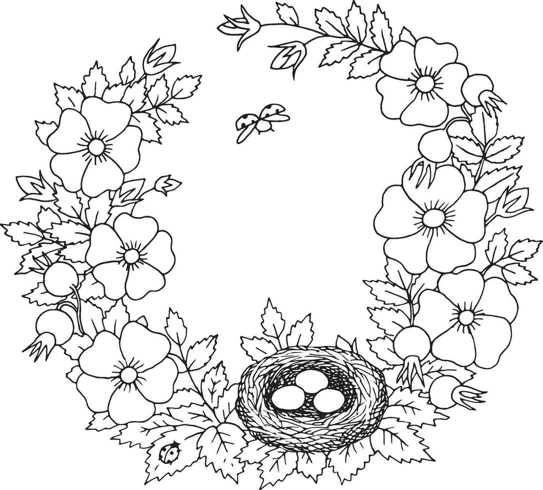 Summer floral elegant romantic old fashioned wreath contour coloring page vector