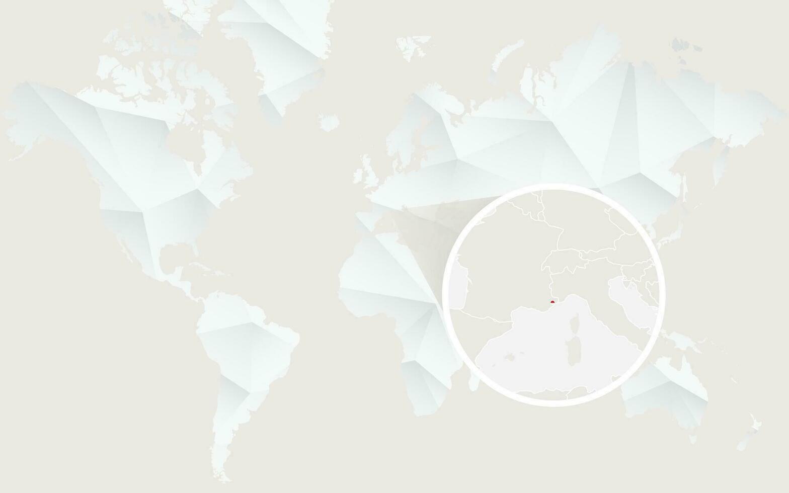 Mónaco mapa con bandera en contorno en blanco poligonal mundo mapa. vector