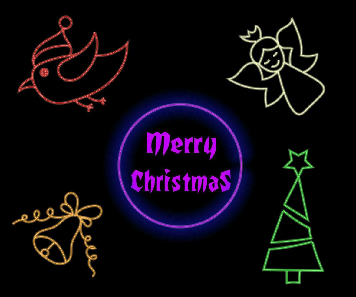 Abstract neon lamp christmas shape background object glowing icon. Christmas objects in vivid colors. Festive fir with neon light. Icon set, sign, symbol for UI. Vector illustration