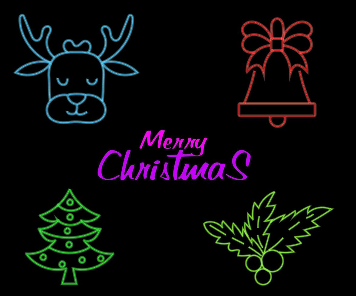 Abstract neon lamp christmas shape background object glowing icon. Christmas objects in vivid colors. Festive fir with neon light. Icon set, sign, symbol for UI. Vector illustration
