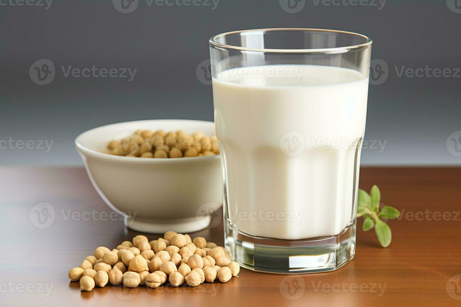 Soy milk and soy bean on wooden background. Healthy eating concept. Generated by artificial intelligence photo