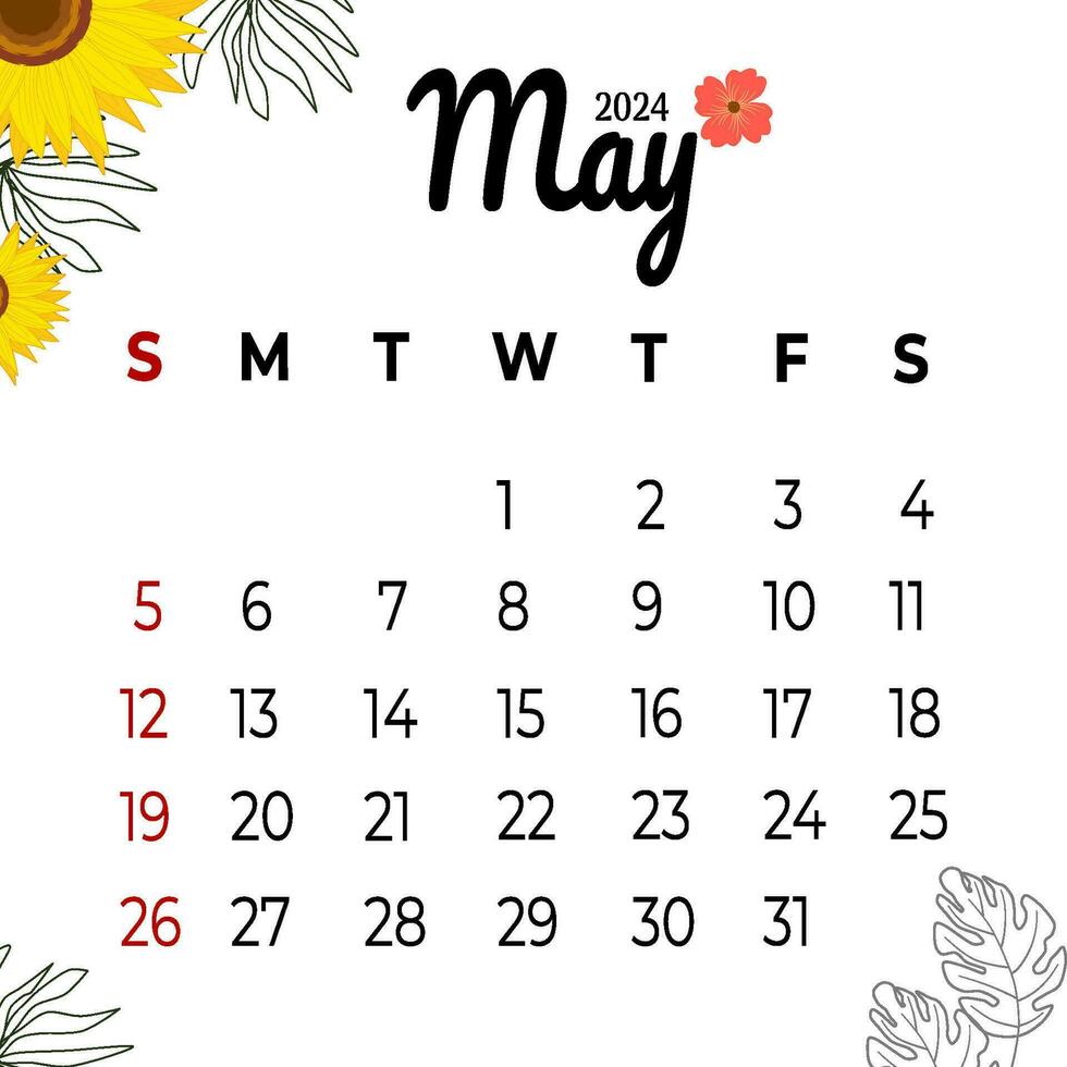 calendar May 2024 with aesthetic flowers vector