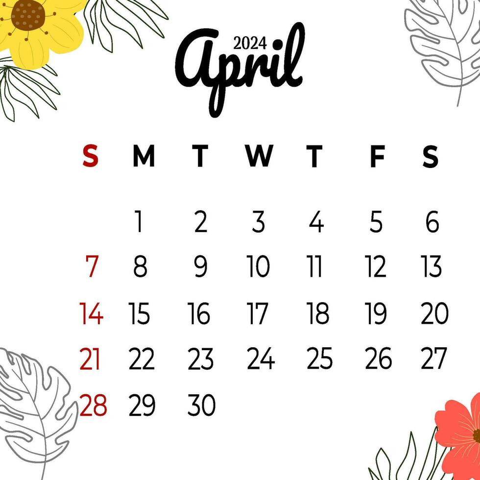 Calendar april 2024 week start Sunday vector