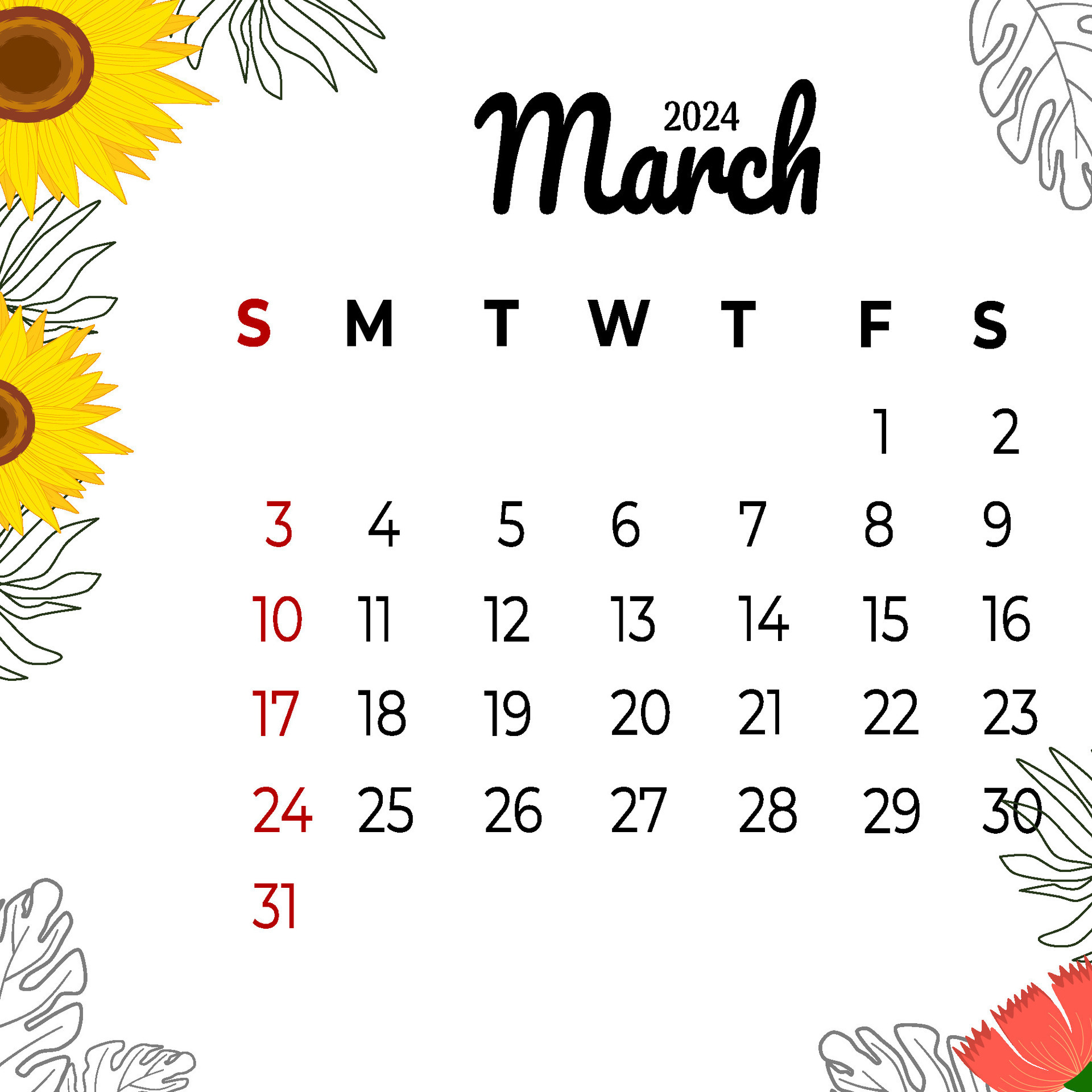 Calendar march 2024 week start Sunday 32422336 Vector Art at Vecteezy