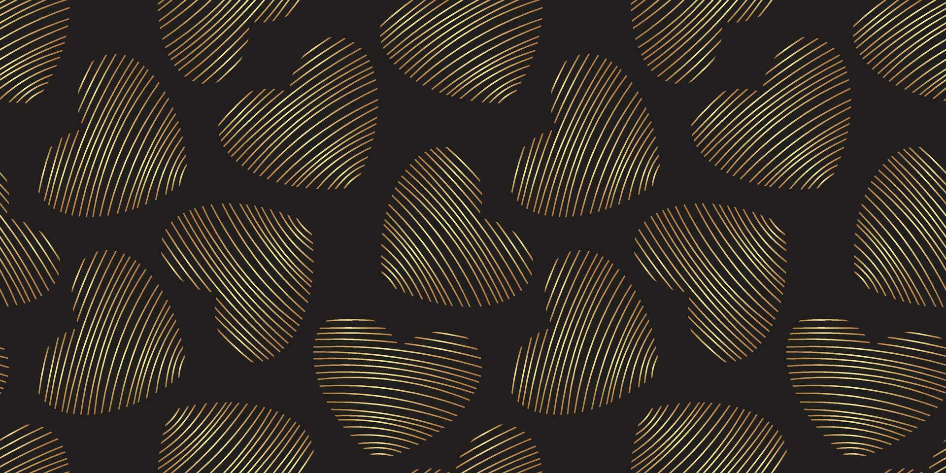 Golden hearts on black background seamless pattern vector illustration. Luxurious elegant pattern. Hand drawn decorative gold heart for gift packaging, wrapping paper, textile. Valentines day.