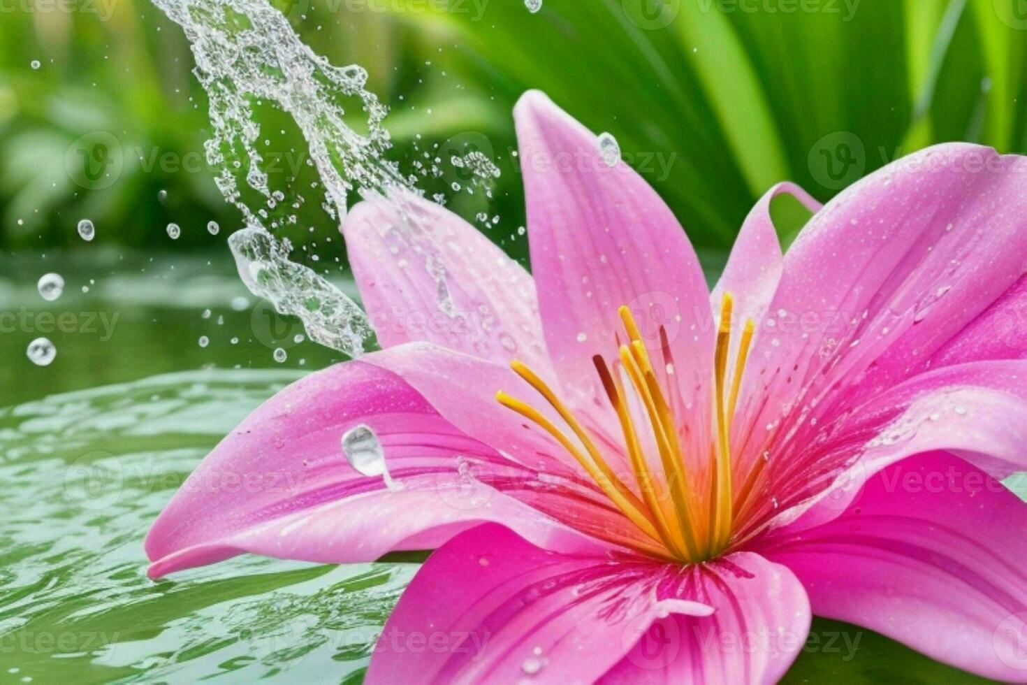 water splashes on the lily flower. background. AI Generative Pro Photo