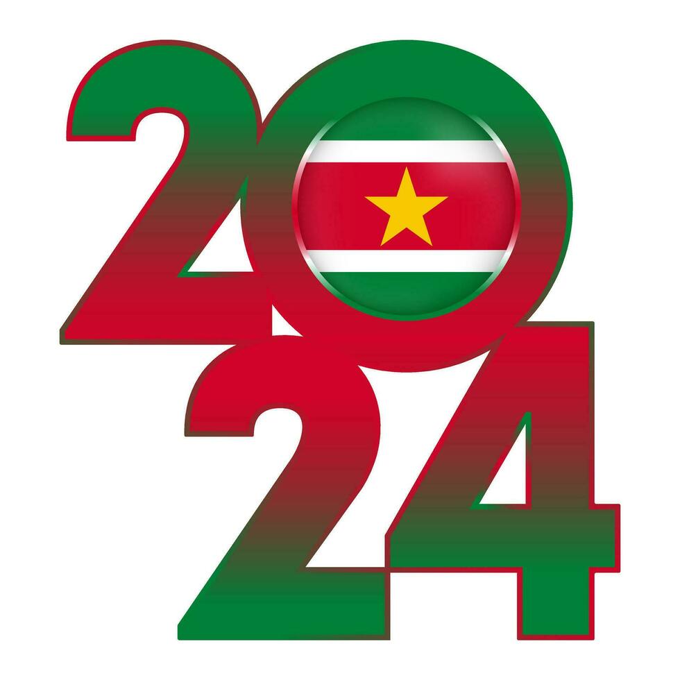 Happy New Year 2024 banner with Suriname flag inside. Vector illustration.