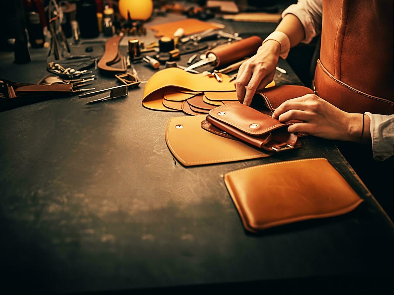 Leather Craft, A Workshop with Hands and Tools at Work photo