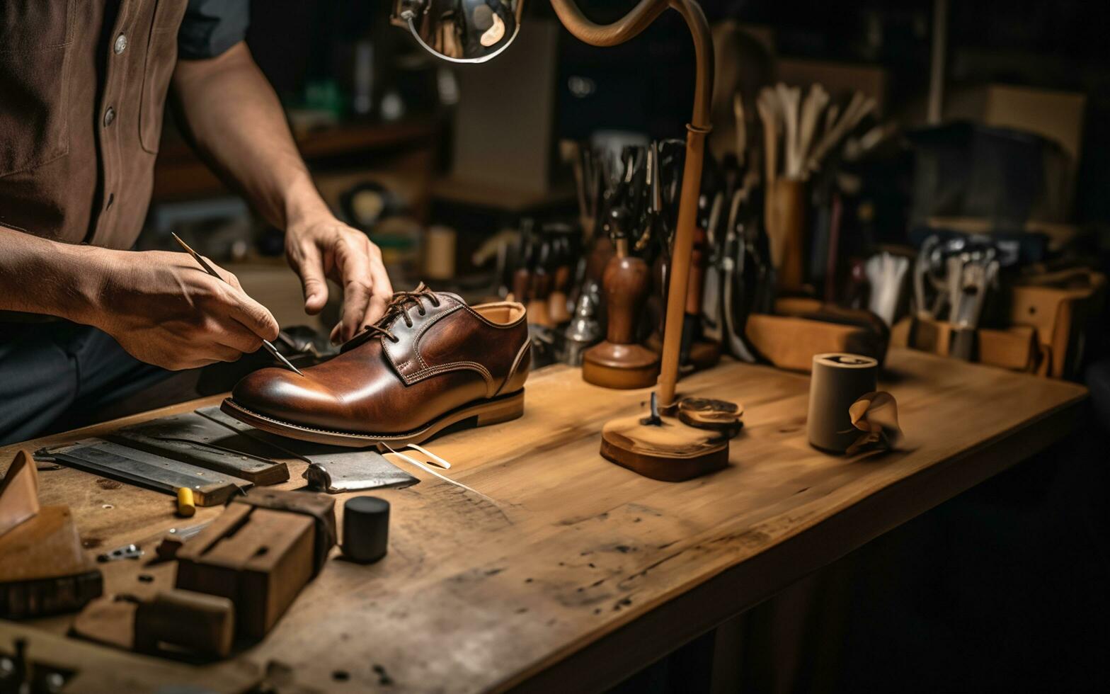 Shoemaker at work, crafting a leather shoe in a workshop photo