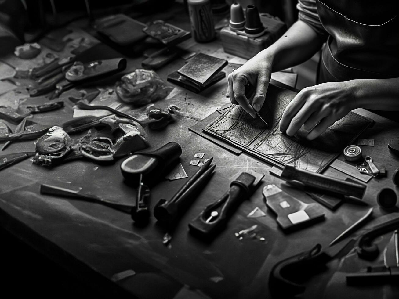 Artisan at Work, Crafting Leather Goods in a Workshop photo