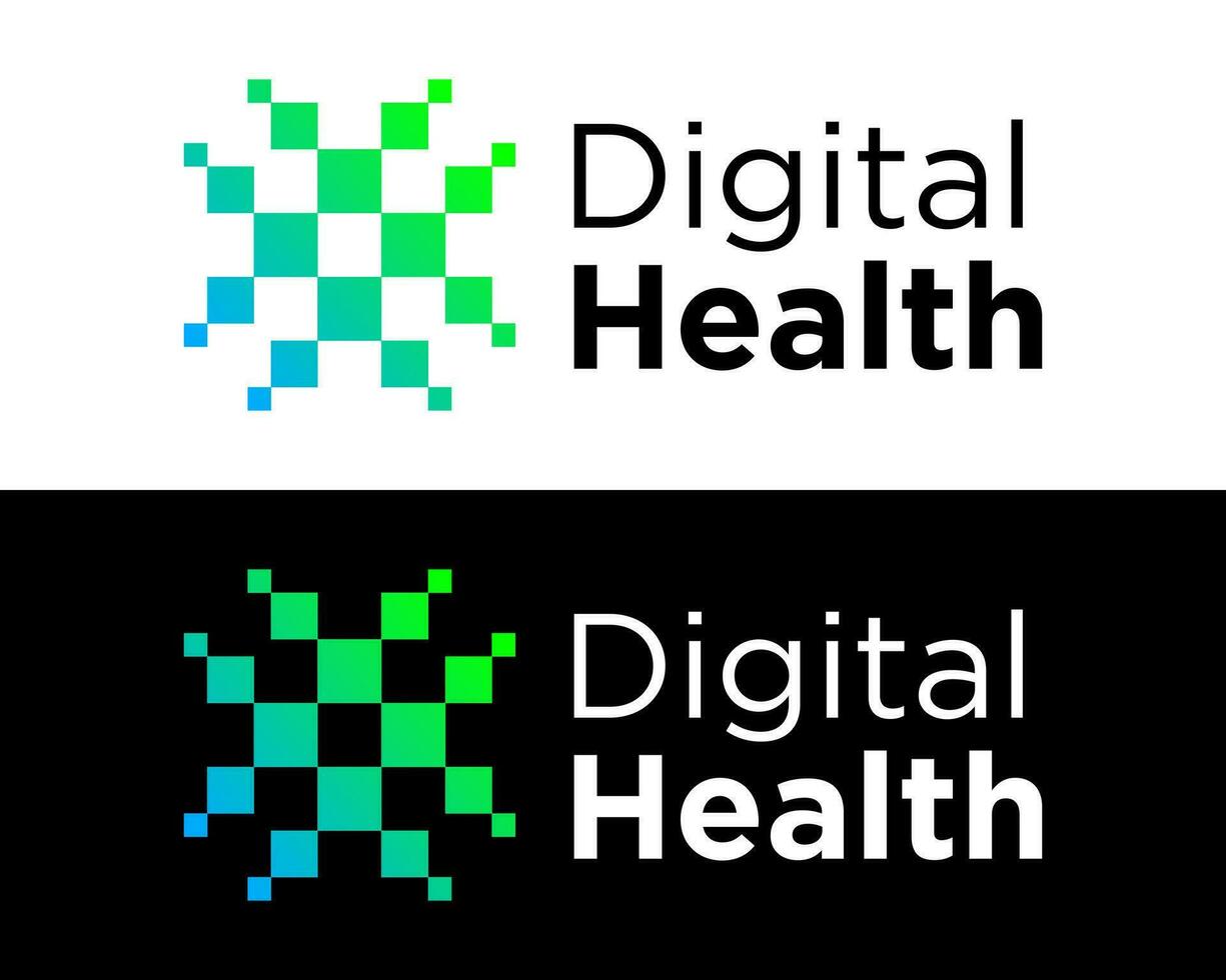 digital píxel tecnología cruzar hospital médico logo diseño. vector