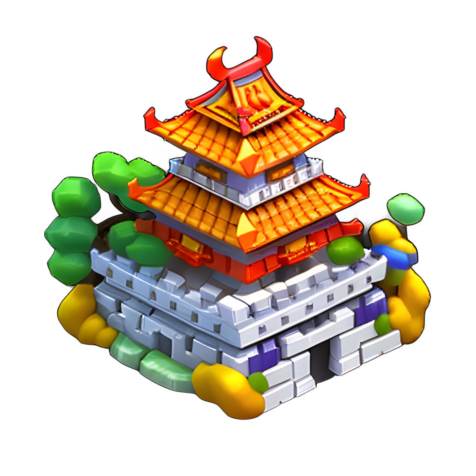 fantasie 3d klein eiland Chinese gebouw spel ai gegenereerd png