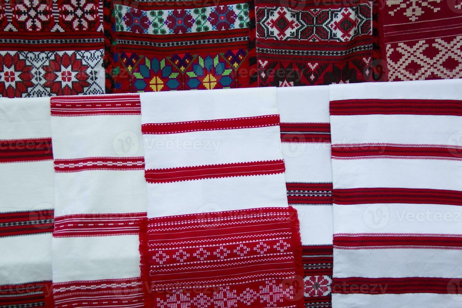 Embroidered Belorussian towels. Embroidery. National pattern.Slavic ornament on fabrics and towels photo