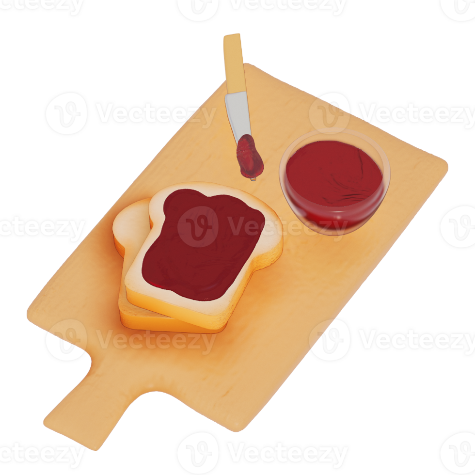 White Bread With Strawberry jam For Breakfast 3D Isolated Illustration . 3D rendering png