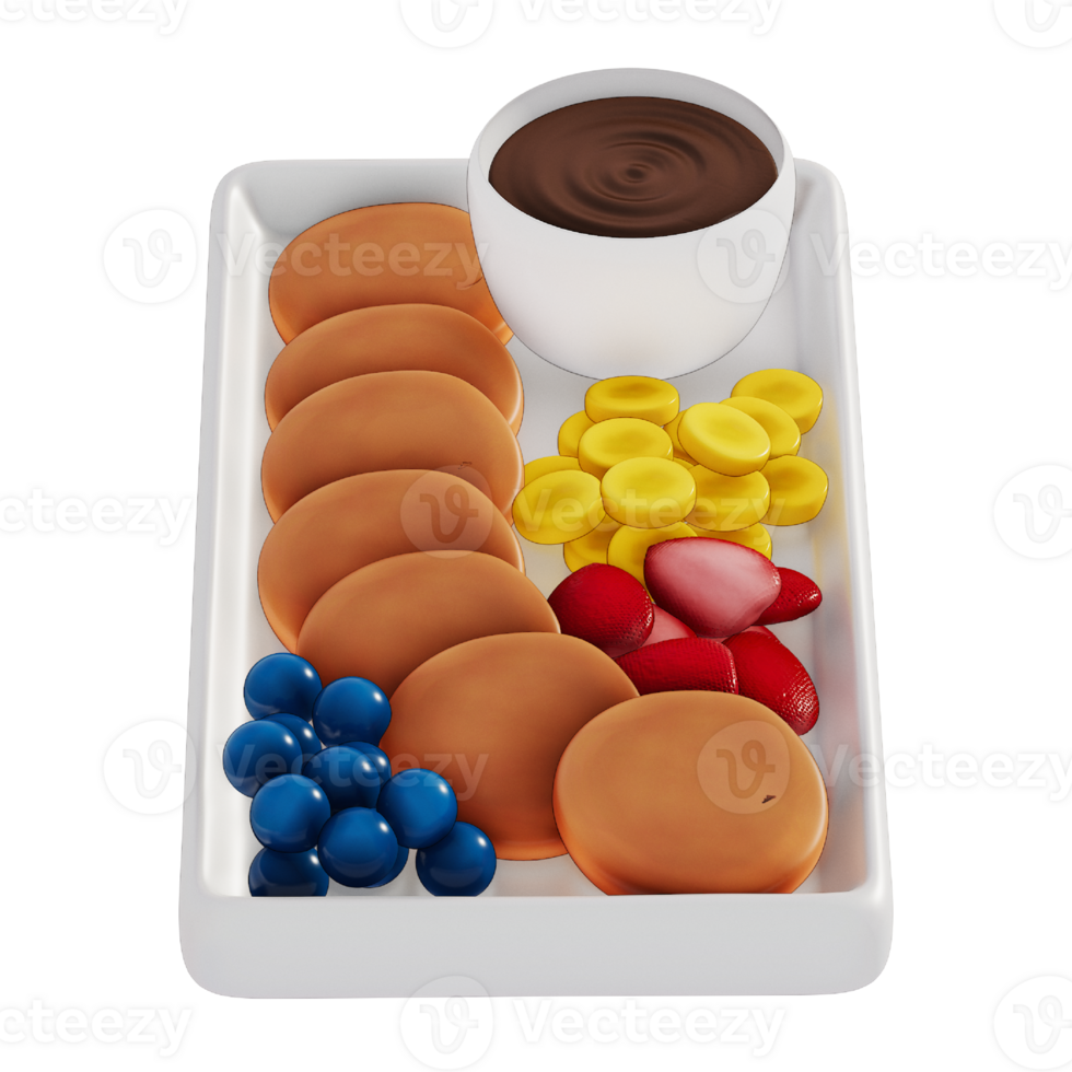 Pancakes topped with strawberries, blueberries, bananas, and chocolate cup For Breakfast 3D Isolated Illustration . 3D rendering png