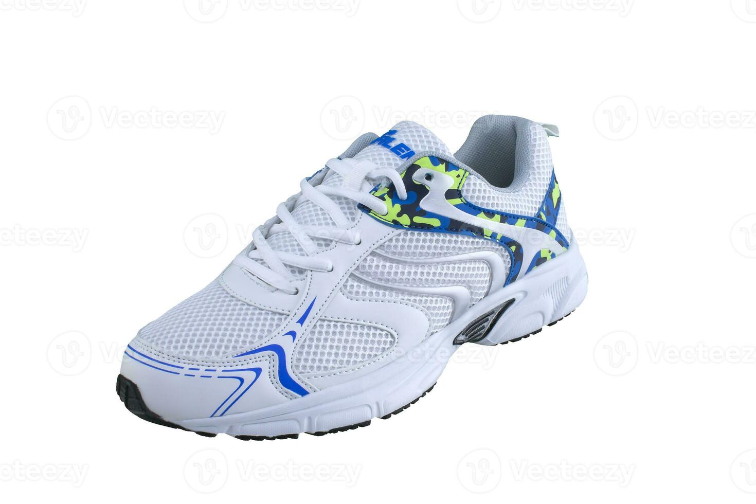 White sneakers with colorful accents on a white sole. Sport shoes on white background photo