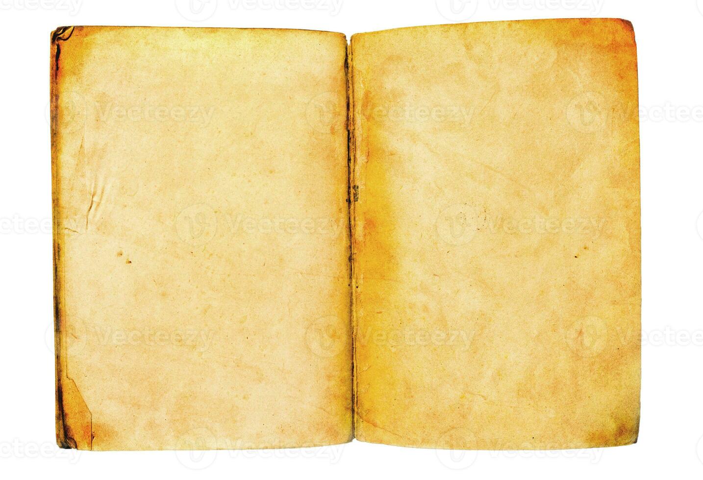 Old open book empty pages with vintage paper. Isolated on white photo