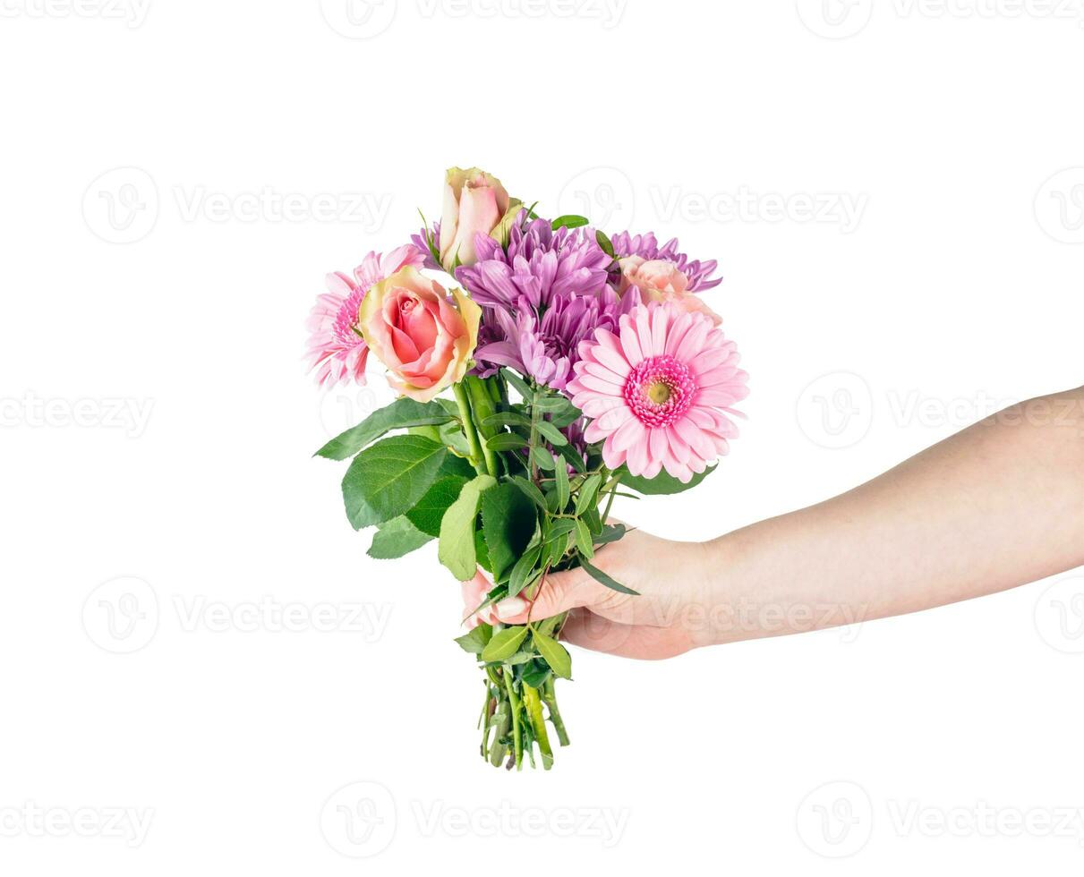 Flowers bouquet in hand in giving gesture isolated on transparent white background photo