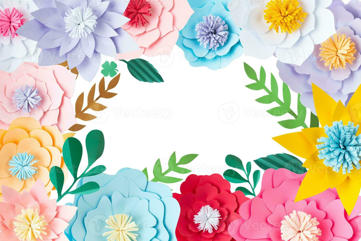 Paper craft flowers floral frame with white space. Design greeting card photo