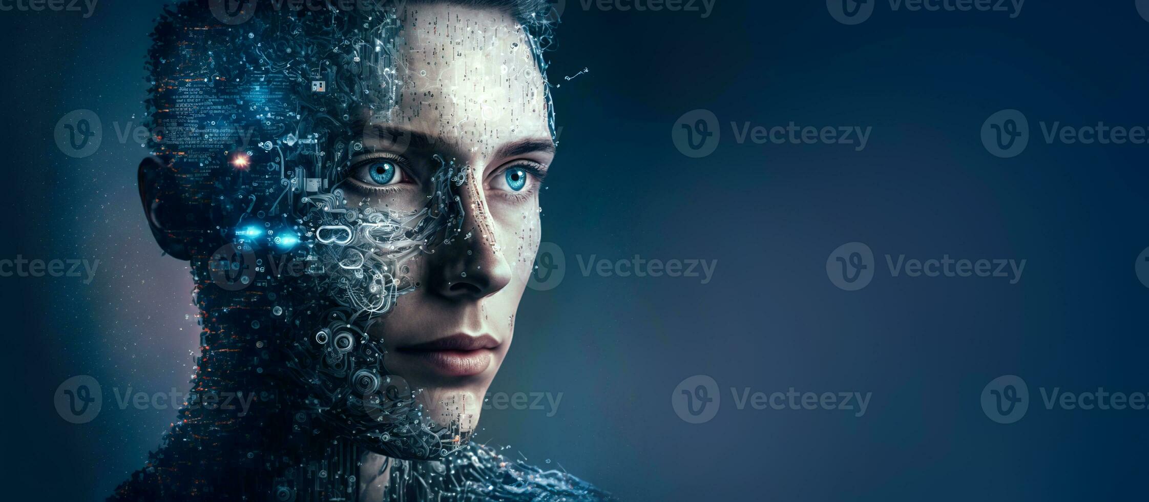 Cyborg woman face with technology of the future. Generative AI photo