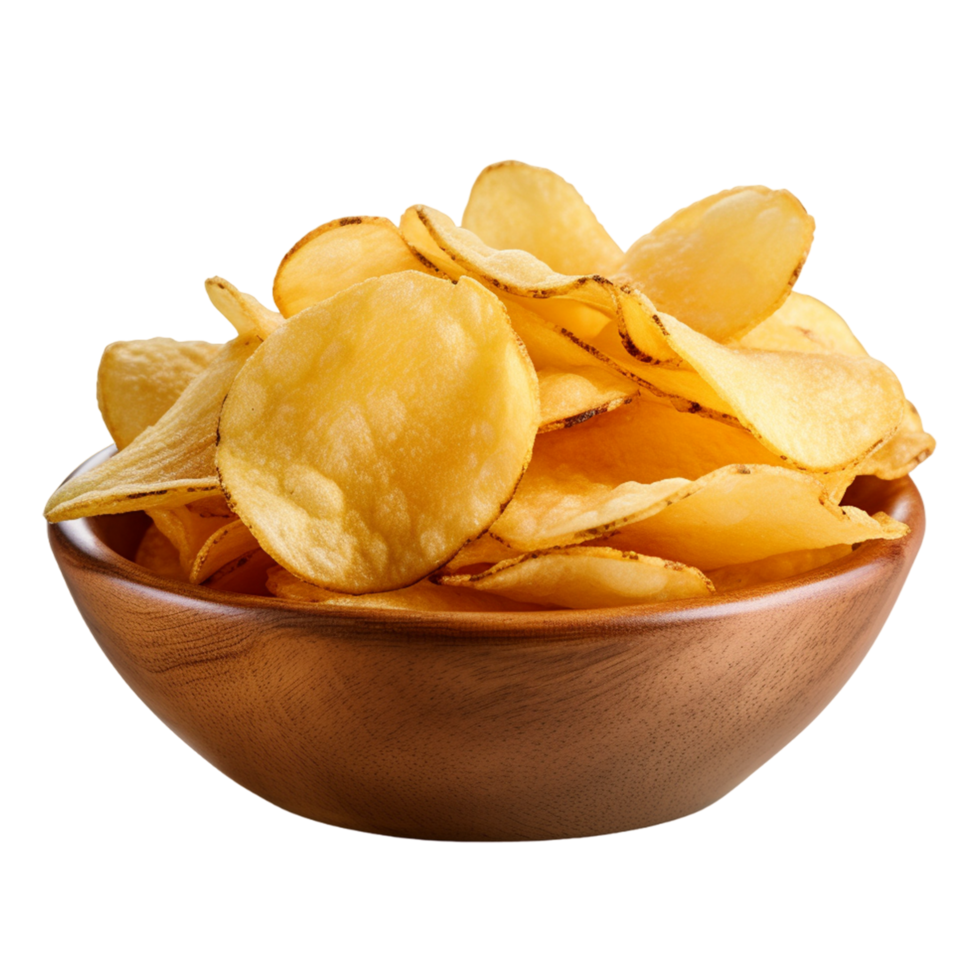 Fresh crispy potato chips in wooden bowl Ai Generative png