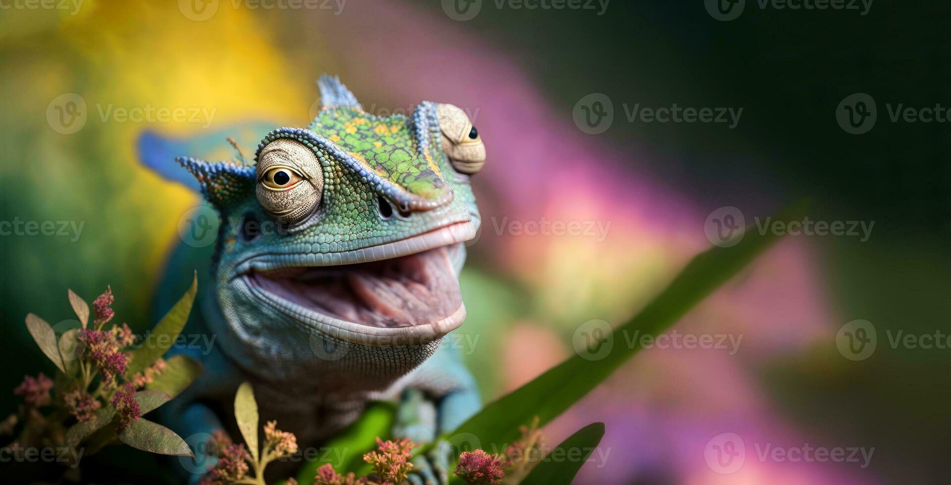 Chameleon portrait on green background with copy-space. Generative AI photo