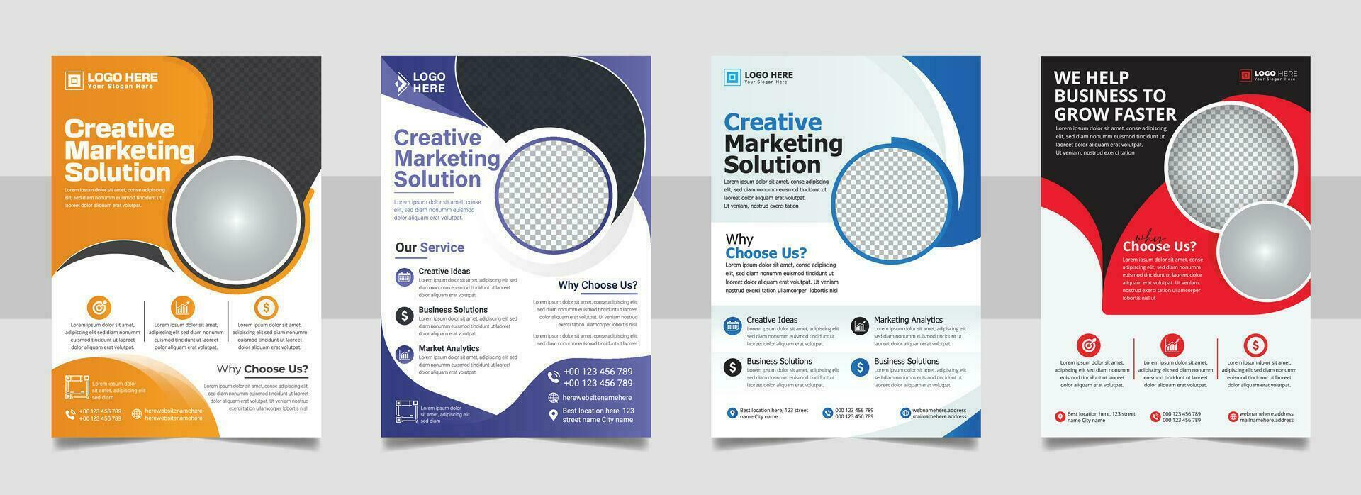 Multipurpose business corporate flyer template, A4 annual report marketing agency colorful cover page design set. vector