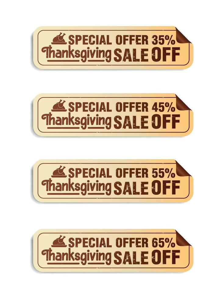 Thanksgiving day brown long stickers set. Sale 35, 45, 55, 65 off discount vector