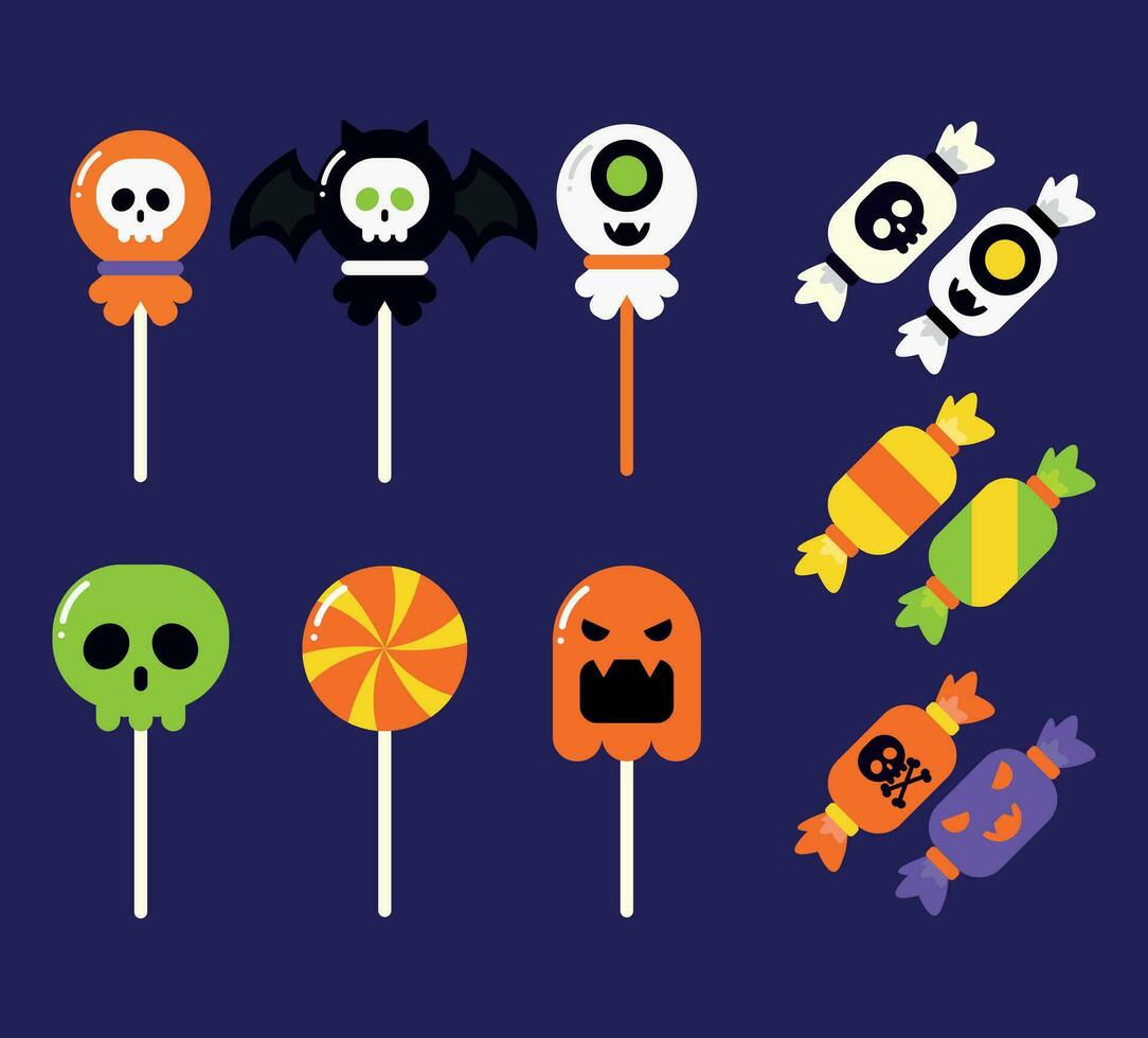 Set of different colorful Halloween candies. Halloween candy vector set for trick or treat. Trick or Treat. Sweet candies. Candy. Halloween Sweets.