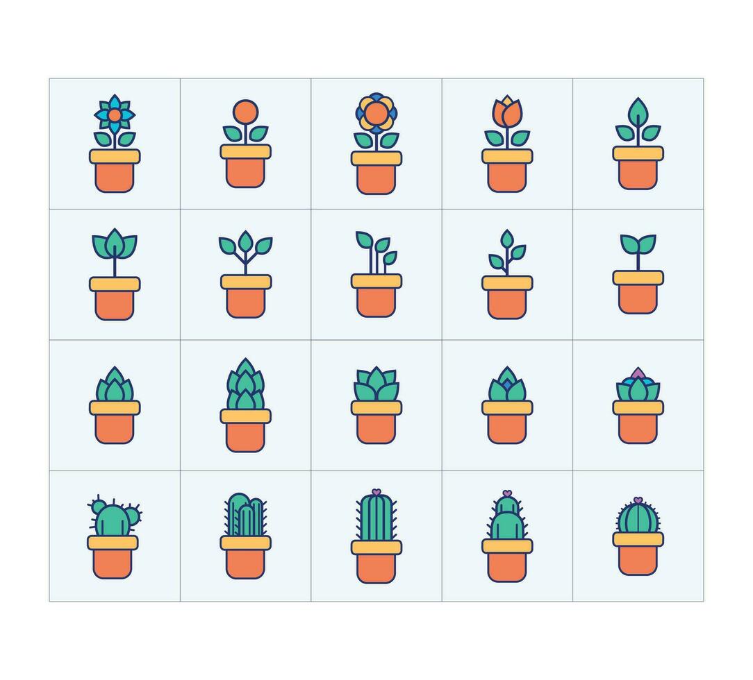 Set floral plants and blooming cactus in pots. Lot flowering plants and cacti. Plants and Flowers icons set. Flowers flat icons. Beautiful garden plants. vector