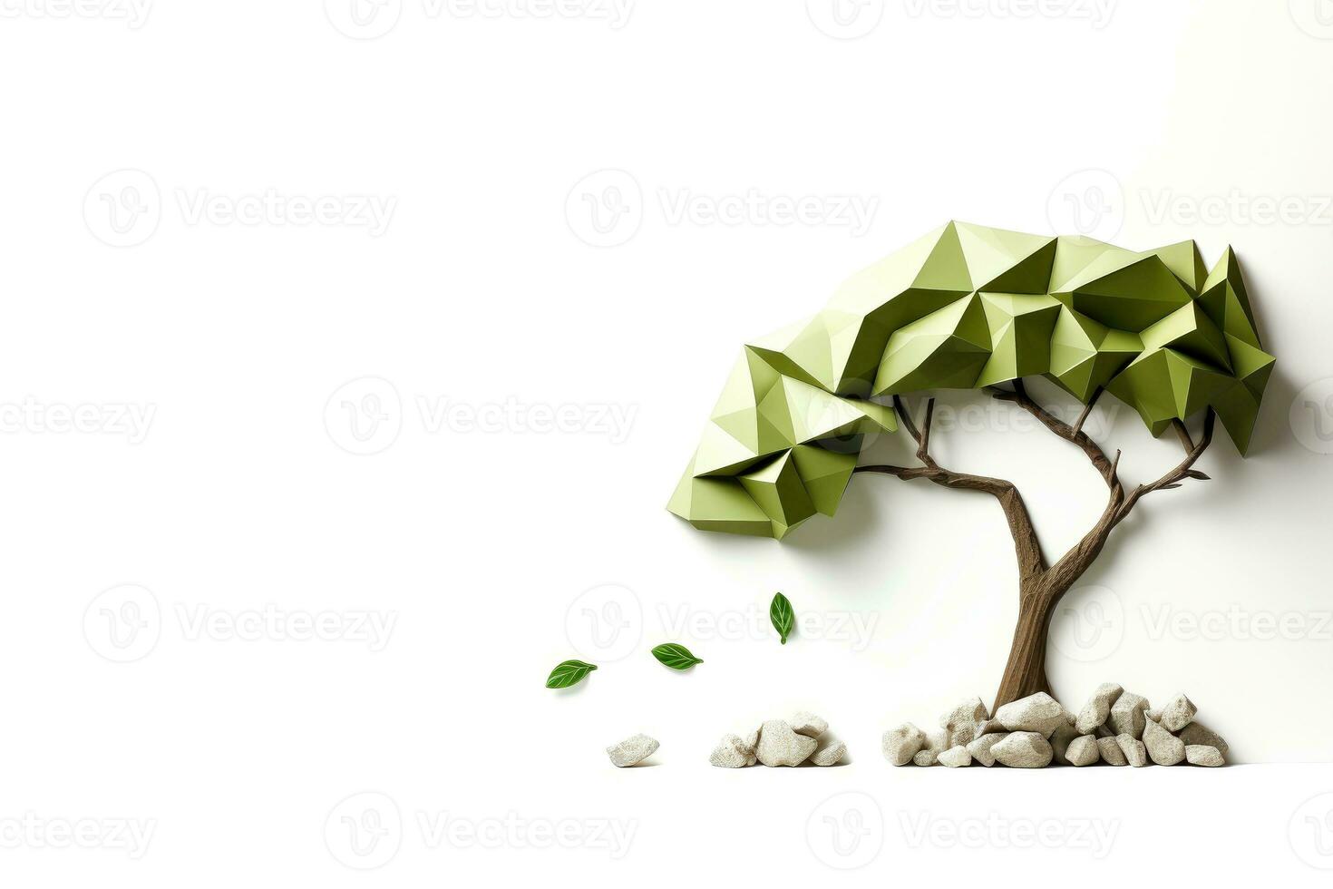 Close up of 3d low poly tree isolated on white background, geometric polygonal style, Generative AI illustration photo