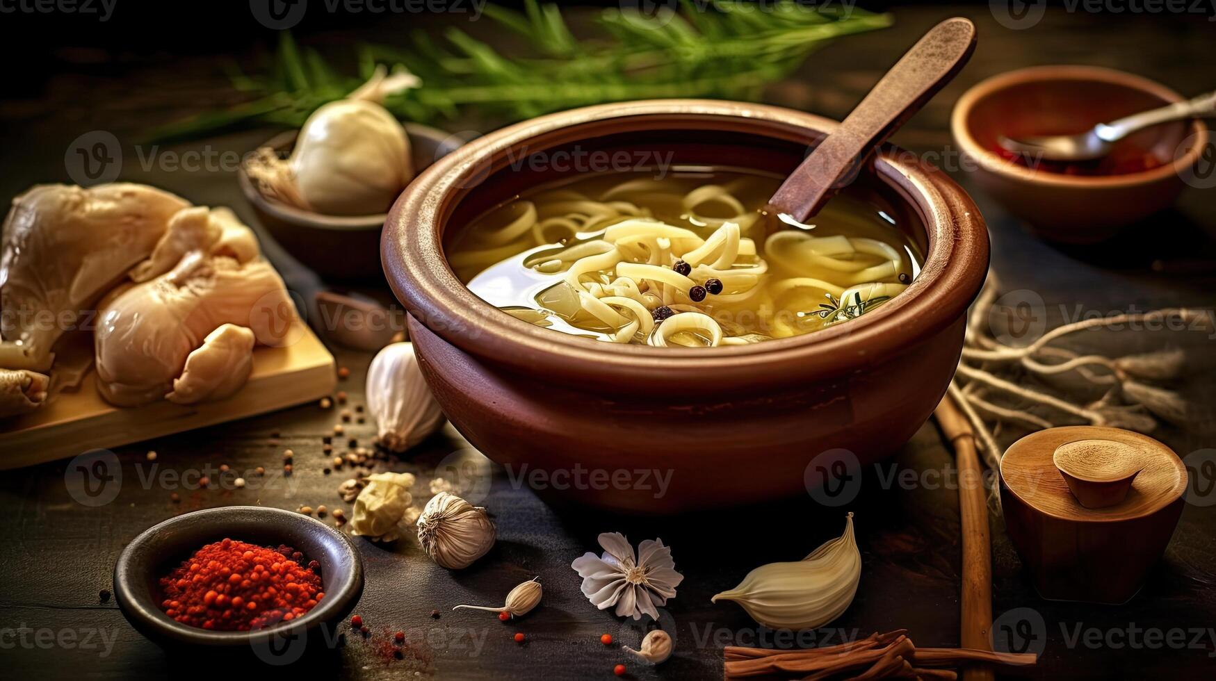 Soup with noodles and vegetables on a wooden background. Selective focus. photo