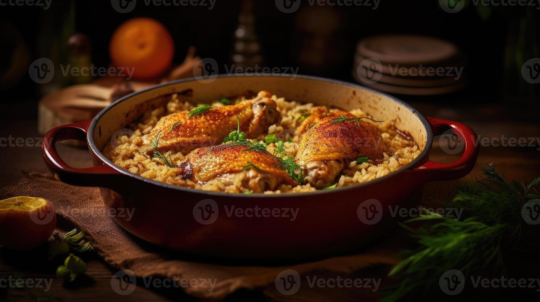 Baked chicken with rice and herbs in a red pot on a wooden table. photo