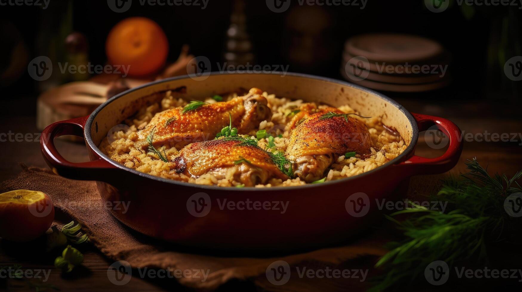 horneado pollo con arroz y hierbas en un rojo maceta en un de madera mesa. ai generativo foto