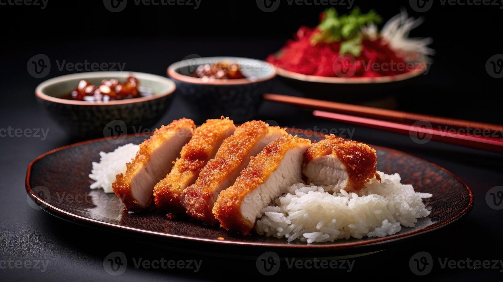 Japanese food, fried pork cutlet with rice on a black background. photo