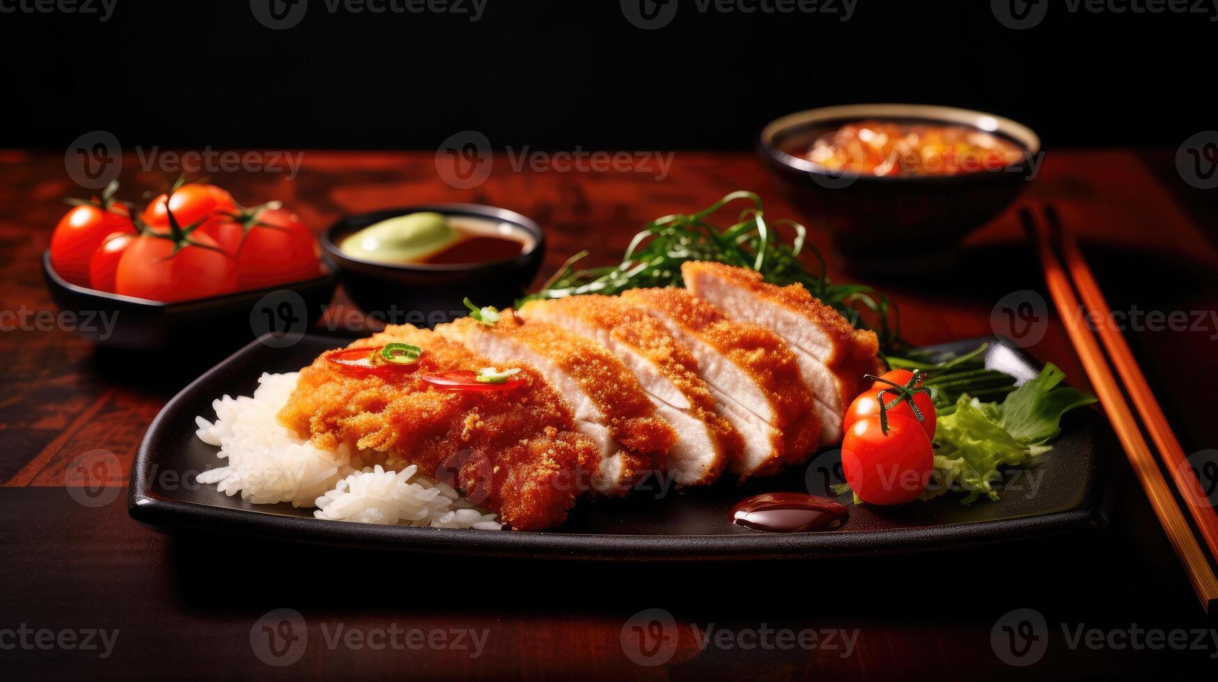 Japanese deep fried cutlet with ketchup on a black slate background. photo