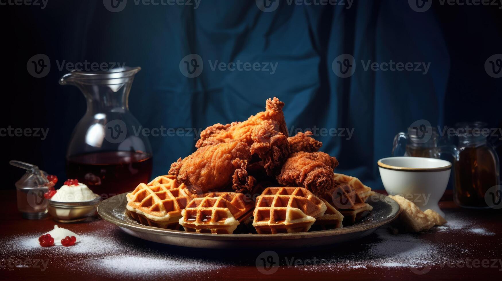 Traditional belgian waffles with fried chicken on a dark background. photo