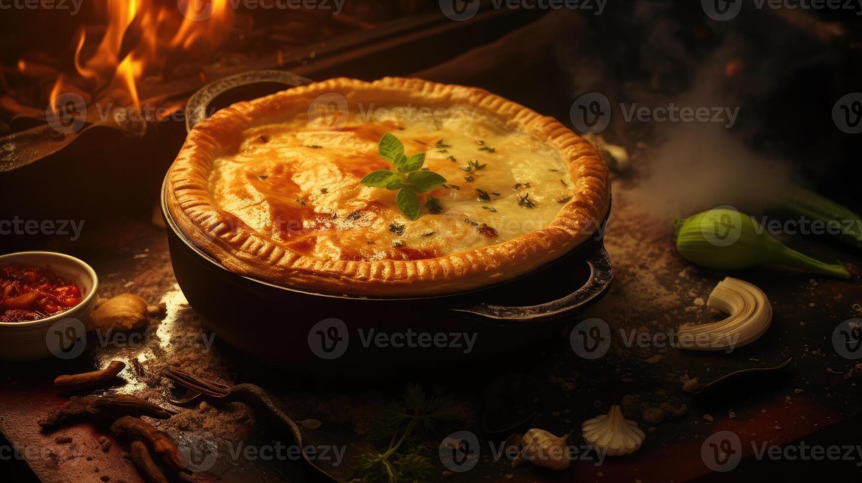 Traditional arabic meat hummus with herbs and spices on wooden background. photo