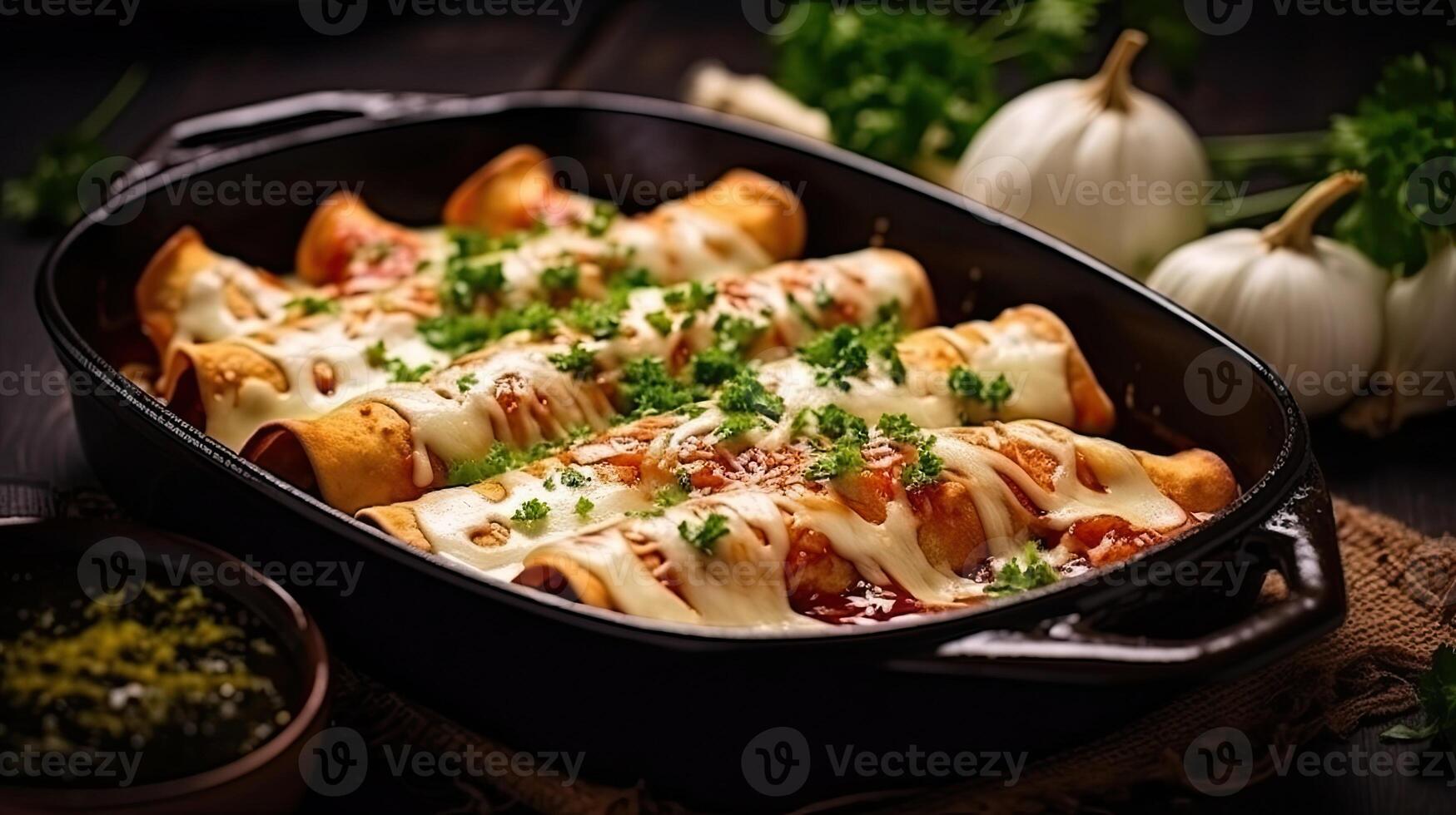 Pancakes stuffed with meat, cheese and vegetables in a baking dish with background. photo