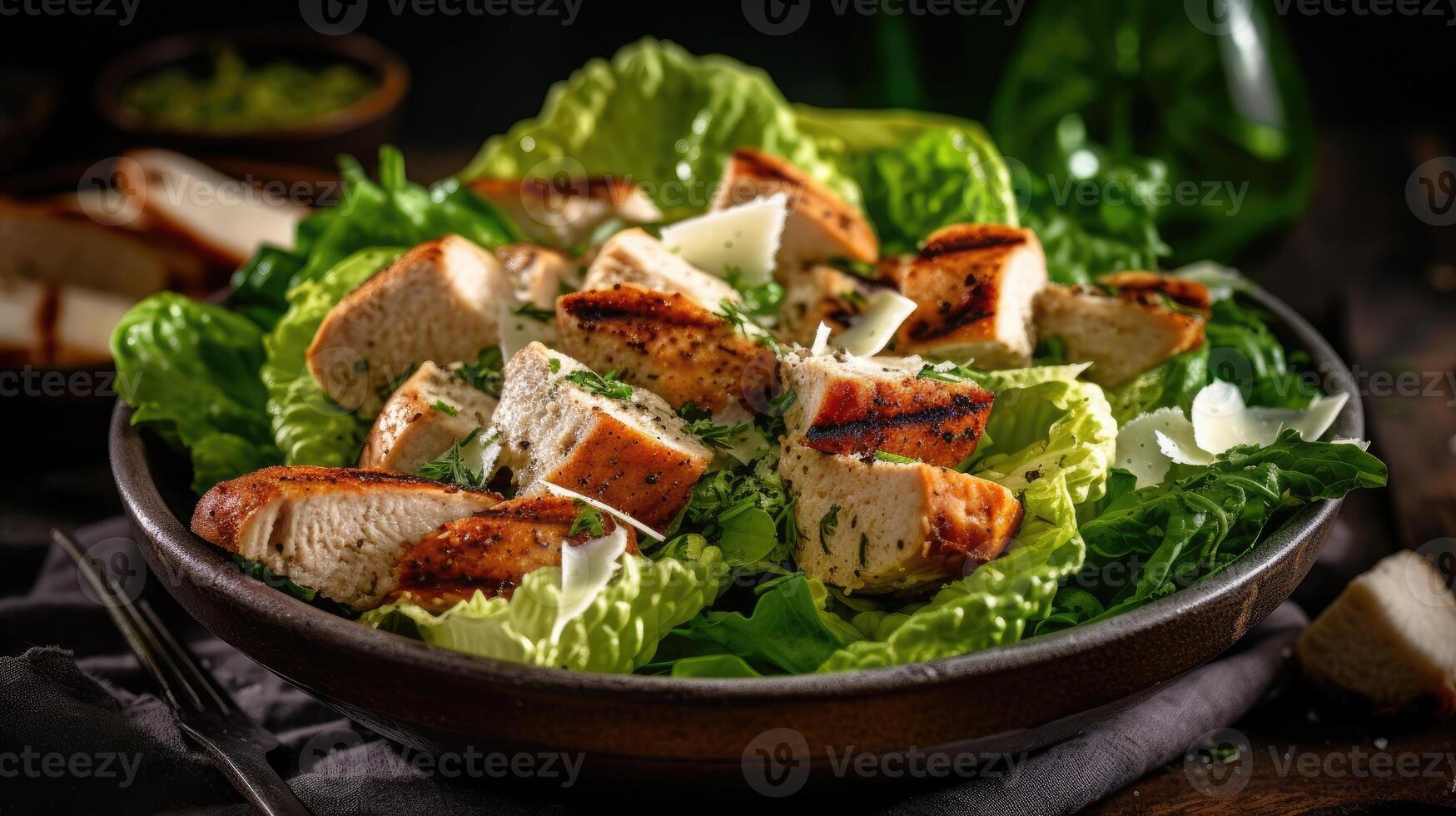 Caesar salad with grilled chicken and parmesan cheese on wooden background. photo