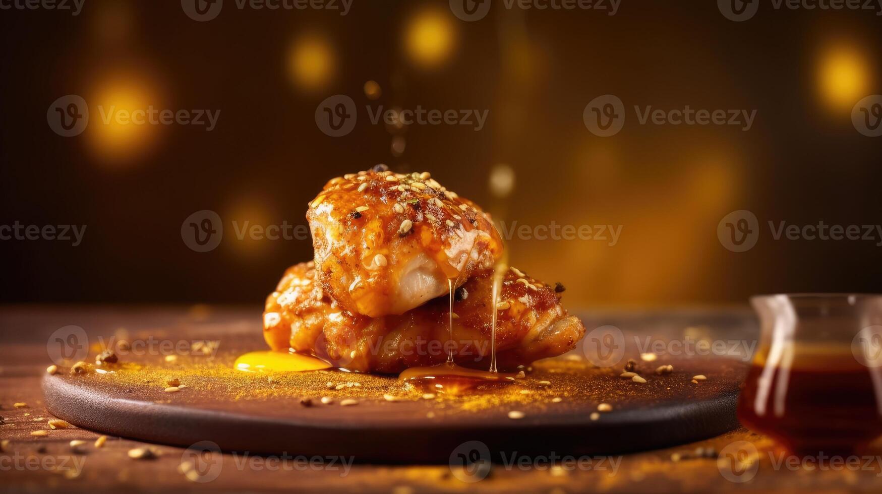 Honeyed chicken drumsticks with spices on a yellow and dark background. photo