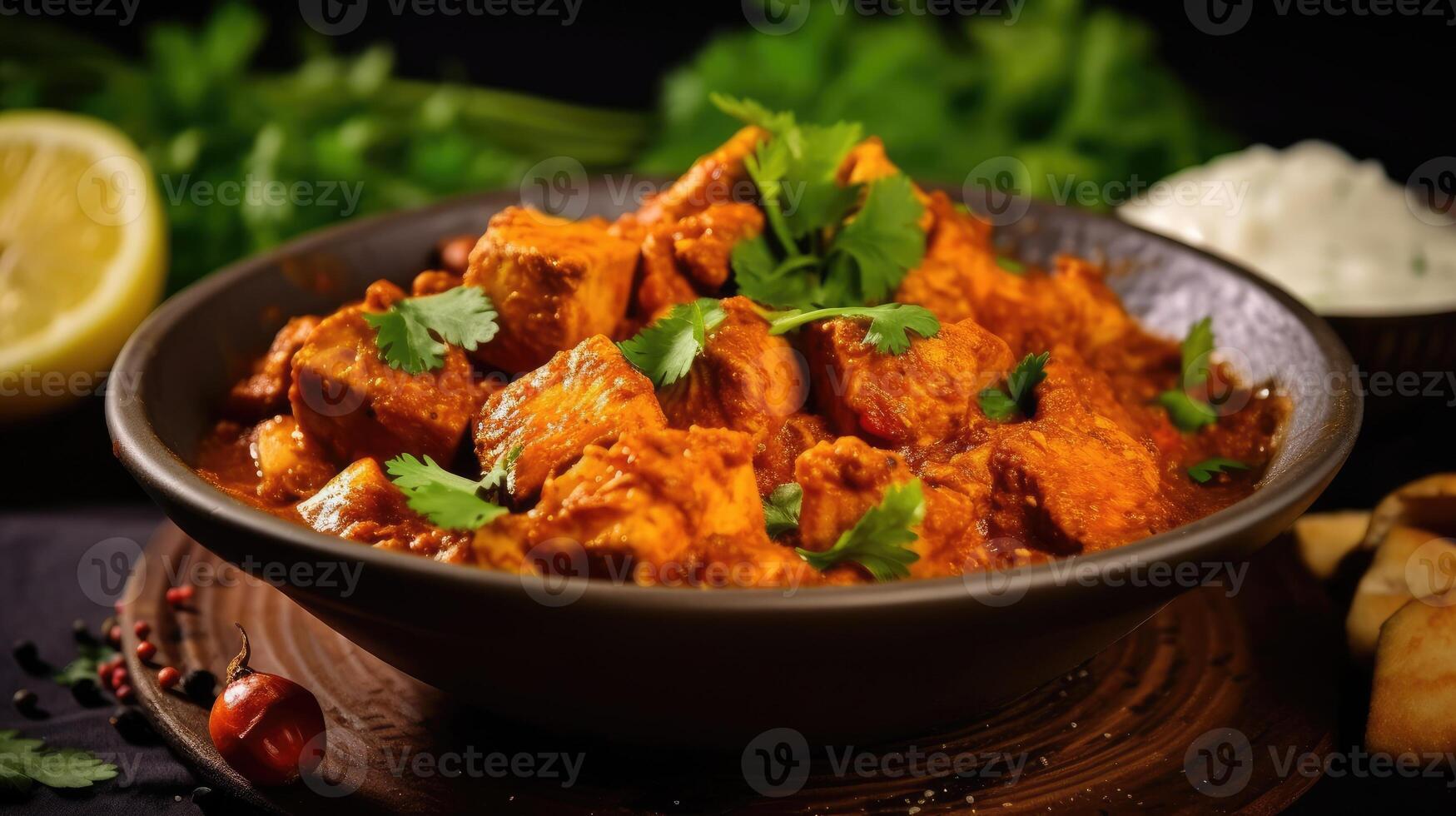 Chicken tikka masala in tomato sauce on a black background. photo