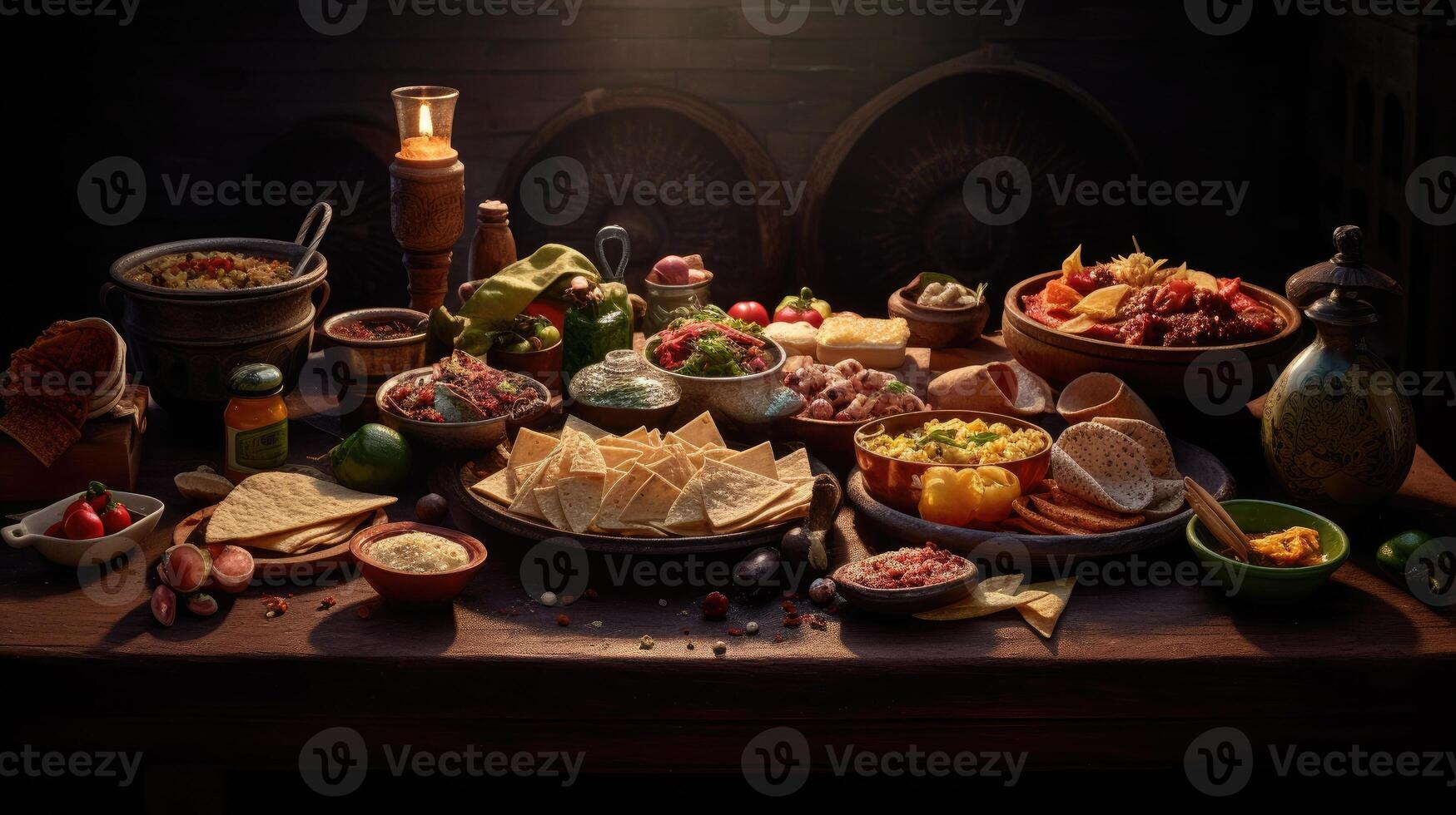 Traditional mexican food on dark background. Nachos, guacamole, salsa, nachos, cheese, meatballs, olives, tortilla chips, and jalapeno peppers on wooden with black background. photo