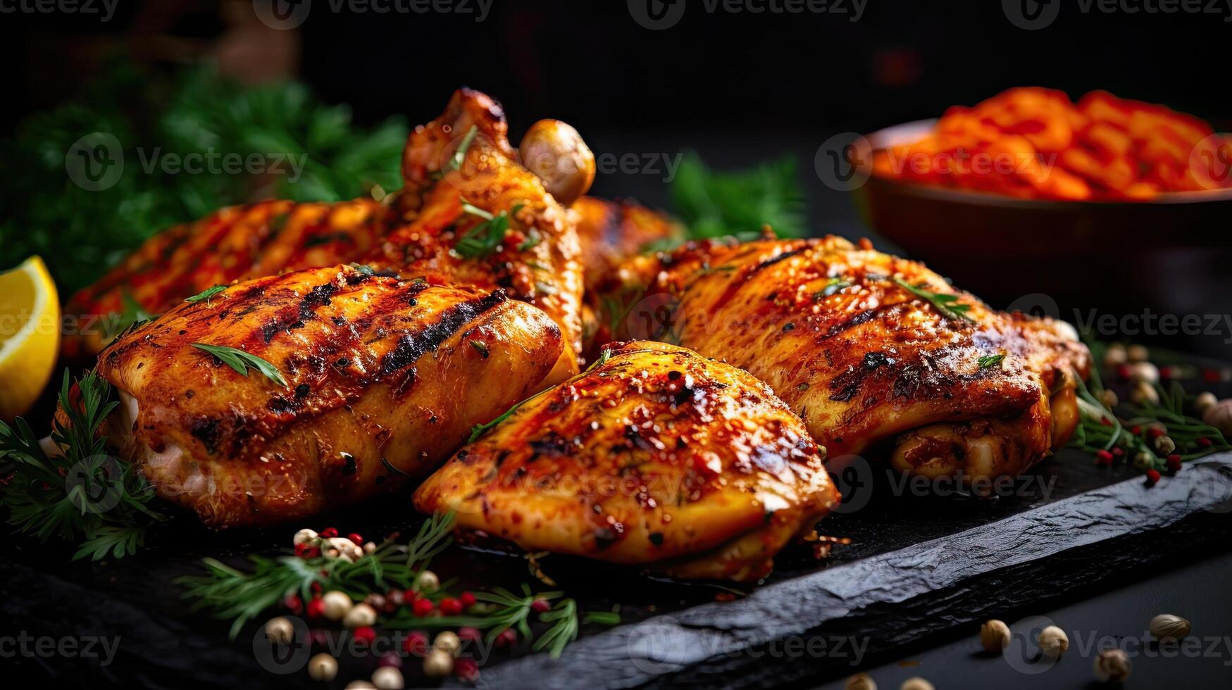 Grilled chicken legs with spices and herbs on a black background. photo