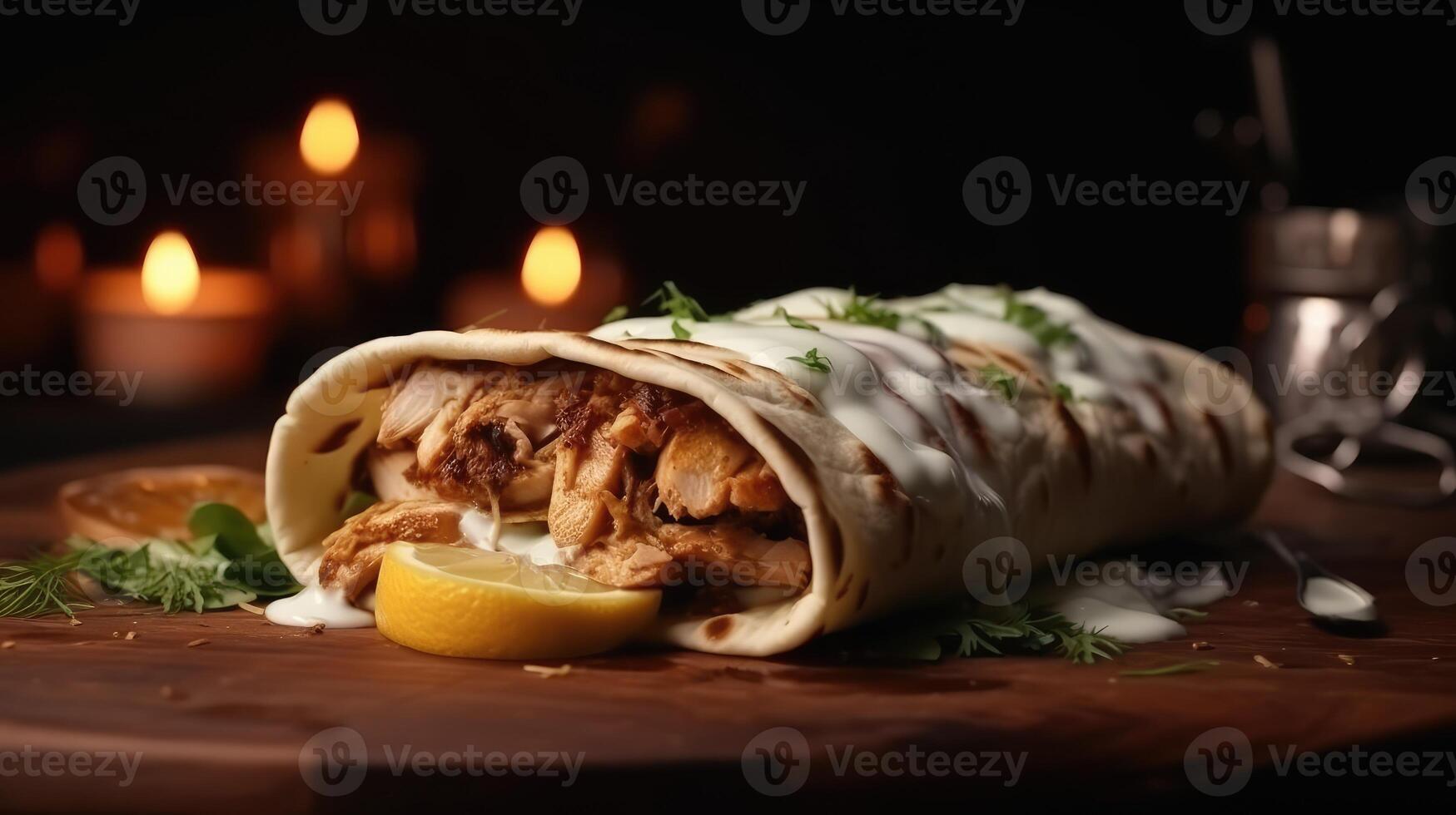 Delicious chicken kebab on wooden board and a black background. photo