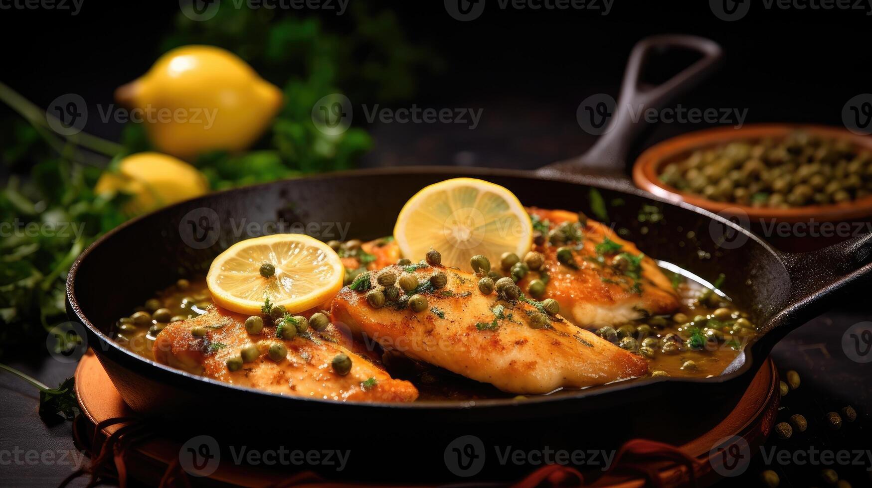 Fried fish fillet with green peas and lemon on wooden with black background. photo